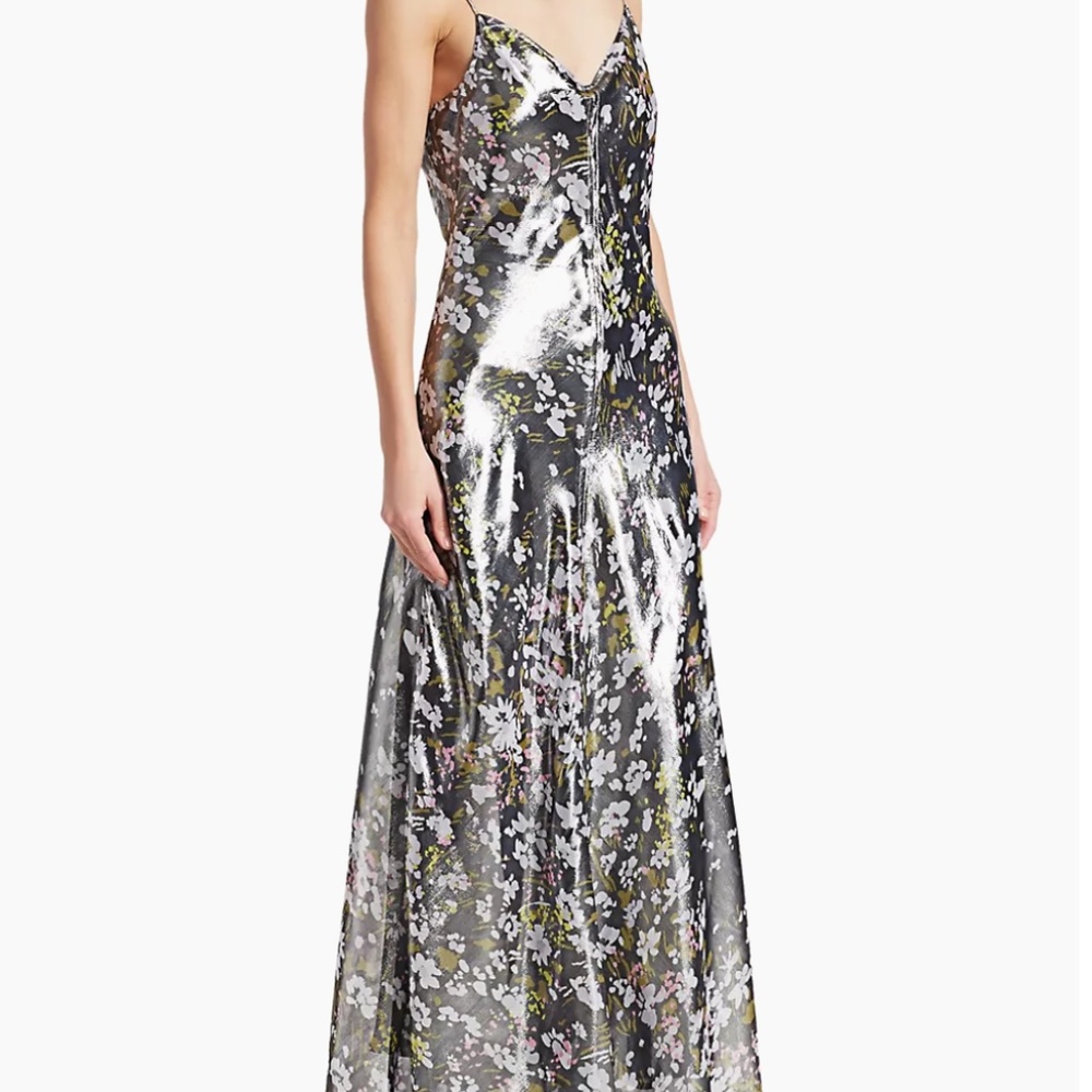 GANNI Silver Floral Print Lurex Metallic Maxi Dress - Sz M/36